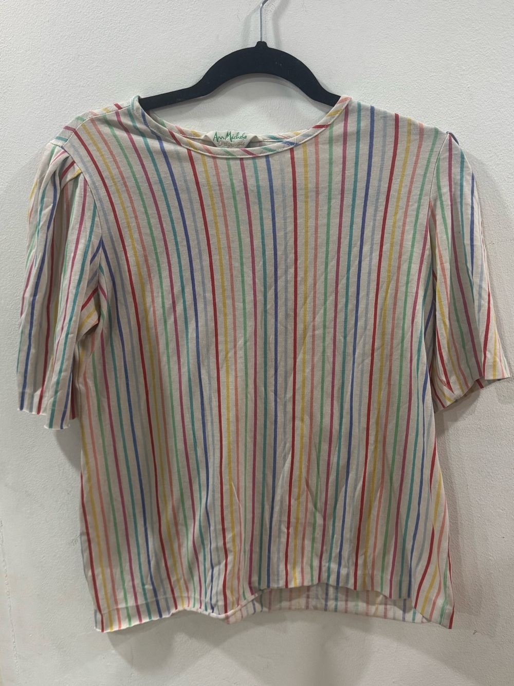 Vintage 80s Ann Michele Rainbow Striped Puff Sleeve Button Top